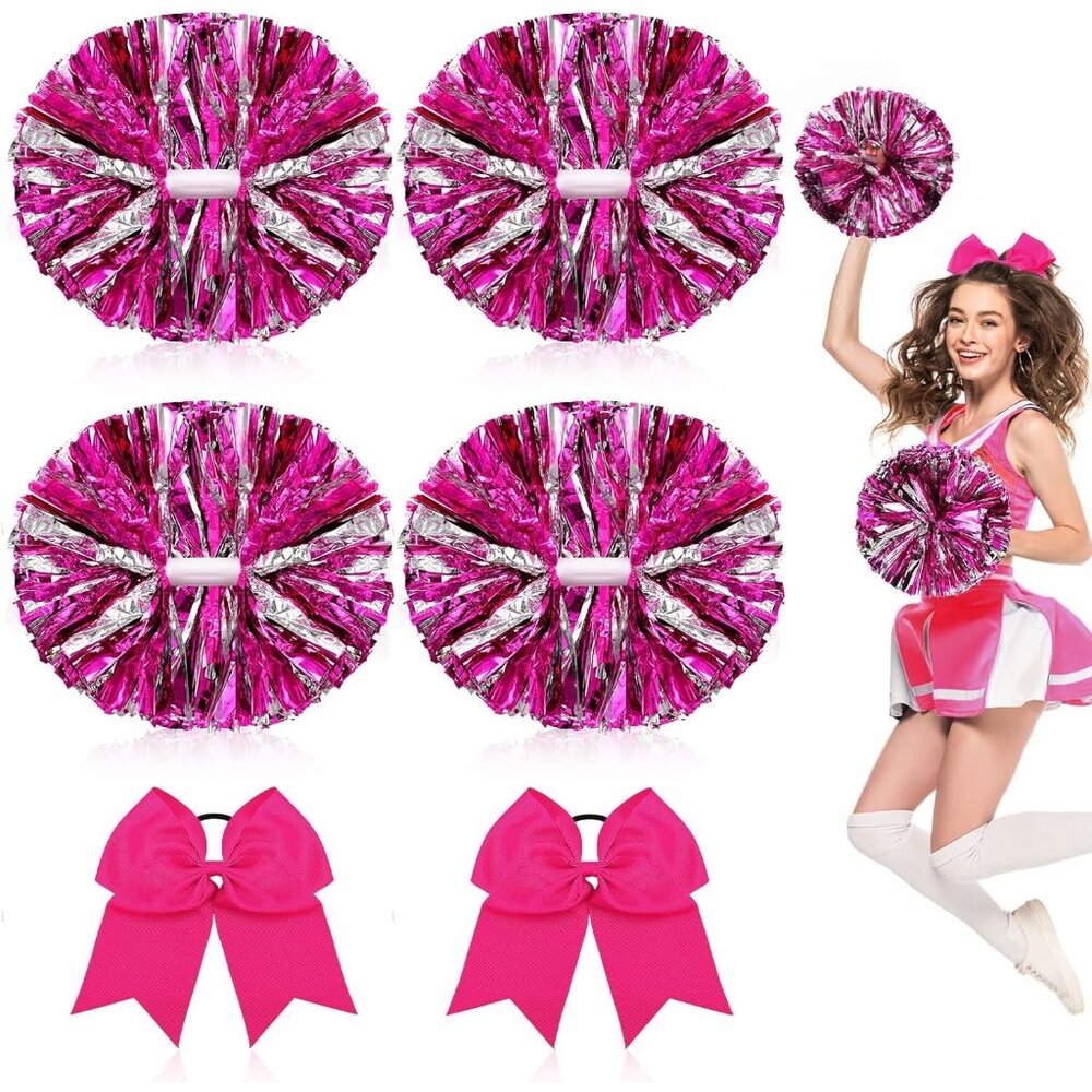Hanaive 6-Piece 13" Metallic Cheerleading Pom Poms With Handle & 2 Large Bows